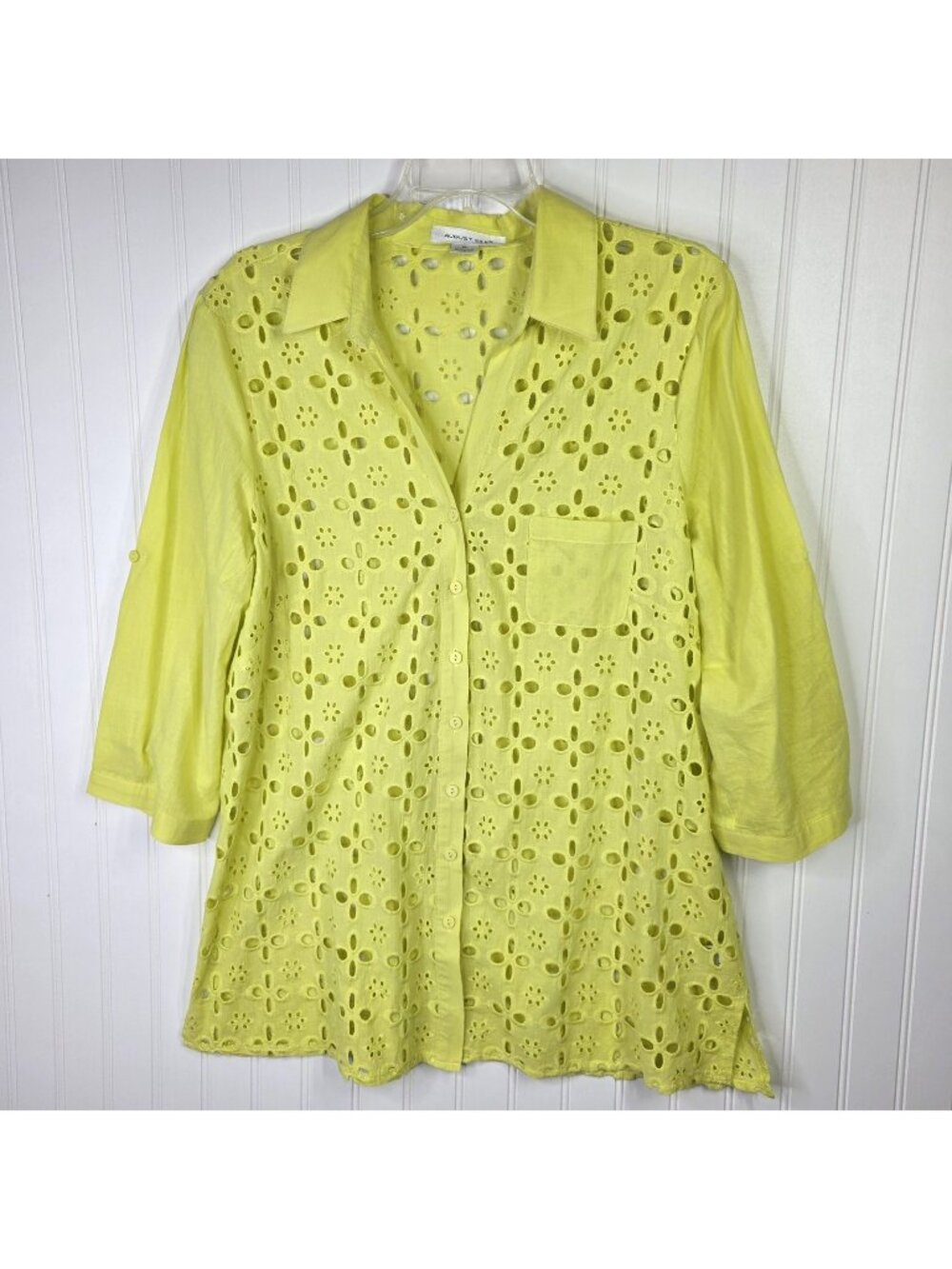 August Silk Tunic Shirt Womens XL Yellow Eyelet Embroidered Crochet Boho Resort